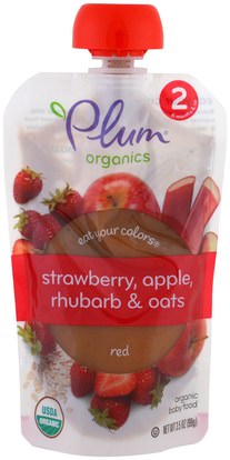 Plum Organics, Stage 2, Eat Your Colors, Red, Strawberry, Apple, Rhubarb & Oats, 3.5 oz (99 g) ,صحة الطفل، تغذية الطفل، الغذاء