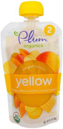 Plum Organics, Stage 2, Eat Your Colors, Yellow, Mango, Yellow Zucchini, Corn & Turmeric, 3.5 oz (99 g) ,صحة الطفل، تغذية الطفل، الغذاء، أطفال الأطعمة