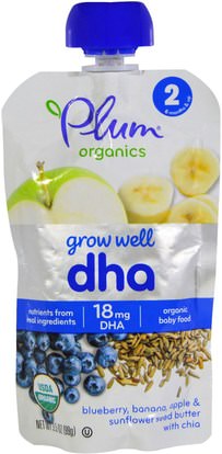 Plum Organics, Grow Well, DHA, Blueberry, Banana, Apple & Sunflower Seed Butter with Chia, 3.5 oz (99 g) ,صحة الطفل، تغذية الطفل، الغذاء، أطفال الأطعمة