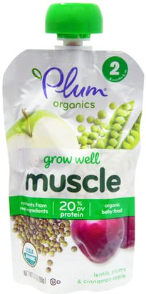 Plum Organics, Grow Well, Muscle, Lentils, Plums & Cinnamon Apple, 3.5 oz (99 g) ,صحة الطفل، تغذية الطفل، الغذاء، أطفال الأطعمة