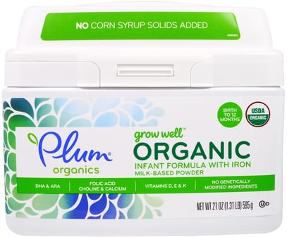 Plum Organics, Grow Well Organic Infant Formula With Iron Milk-Based Power, 21 oz (595 g) ,صحة الأطفال، حليب الأطفال والحليب المجفف، أغذية الأطفال