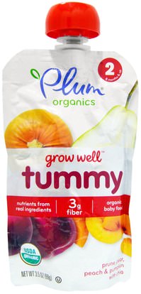 Plum Organics, Grow Well, Tummy, Prune, Pear, Peach & Pumpkin with Chia, 3.5 oz (99 g) ,صحة الطفل، تغذية الطفل، الغذاء، أطفال الأطعمة