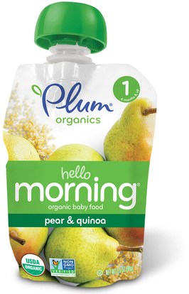 Plum Organics, Organic Baby Food, Hello Morning, Stage 1, Pear & Quinoa, 3.5 oz (99 g) ,صحة الطفل، تغذية الطفل، الغذاء، أطفال الأطعمة