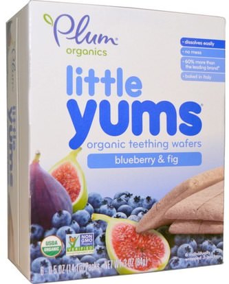 Plum Organics, Little Yums, Organic Teething Wafers, Blueberry & Fig, 6 Packs, 0.5 oz (14.1 g) Each ,صحة الطفل، التسنين الطفل، تغذية الطفل، والرضع الوجبات الخفيفة والأصابع، التسنين البسكويت الكوكيز