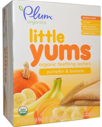 Plum Organics, Little Yums, Organic Teething Wafers, Pumpkin & Banana, 6 Packs, 0.5 oz (14.1 g) Each ,صحة الطفل، التسنين الطفل، تغذية الطفل، والرضع الوجبات الخفيفة والأصابع، التسنين البسكويت الكوكيز