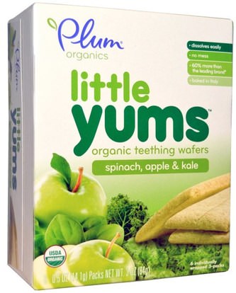 Plum Organics, Little Yums, Organic Teething Wafers, Spinach, Apple & Kale, 6 Packs, 0.5 oz (14.1 g) Each ,صحة الطفل، التسنين الطفل، تغذية الطفل، والرضع الوجبات الخفيفة والأصابع، التسنين البسكويت الكوكيز