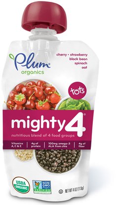 Plum Organics, Tots, Mighty 4, Nutritious Blend of 4 Food Groups, Cherry, Strawberry, Black Bean, Spinach, Oat, 4 oz (113 g) ,صحة الطفل، تغذية الطفل، الغذاء، أطفال الأطعمة