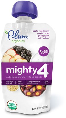 Plum Organics, Tots, Mighty 4, Nutritious Blend of 4 Food Groups, Apple, Blackberry, Purple Carrot, Greek Yogurt, Oat & Quinoa, 4 oz (113 g) ,صحة الطفل، تغذية الطفل، الغذاء، أطفال الأطعمة