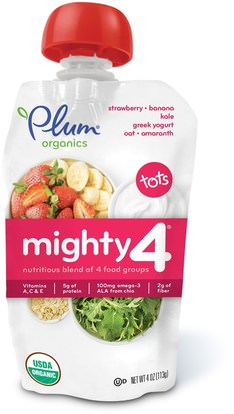 Plum Organics, Tots, Mighty 4, Nutritious Blend of 4 Food Groups, Strawberry, Banana, Kale, Greek Yogurt, Oat & Amaranth, 4 oz (113 g) ,صحة الطفل، تغذية الطفل، الغذاء، أطفال الأطعمة