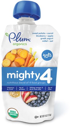 Plum Organics, Tots, Mighty 4, Nutritious Blend of 4 Food Groups, Sweet Potato,Carrot, Blueberry, Apple Greek Yogurt Millet & Oat, 4 oz (113 g) ,صحة الطفل، تغذية الطفل، الغذاء، أطفال الأطعمة
