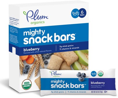 Plum Organics, Tots, Mighty Snack Bars, Blueberry, 6 Bars, 0.67 oz (19 g) Each ,صحة الطفل، تغذية الطفل، وجبات خفيفة الطفل والأصبع الأطعمة، أطفال الأطعمة