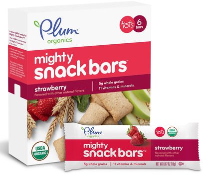 Plum Organics, Tots, Mighty Snack Bars, Strawberry, 6 Bars, 0.67 oz (19 g) Each ,صحة الطفل، تغذية الطفل، وجبات خفيفة الطفل والأصبع الأطعمة، أطفال الأطعمة
