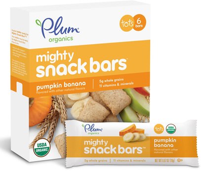 Plum Organics, Tots, Mighty, Snack Bars, Pumpkin Banana, 6 Bars, 0.67 oz (19 g) Each ,صحة الطفل، تغذية الطفل، وجبات خفيفة الطفل والأصبع الأطعمة، أطفال الأطعمة