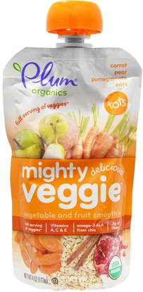 Plum Organics, Tots, Mighty Veggie, Carrot, Pear, Pomegranate Oats, 4 oz (113g) ,صحة الطفل، تغذية الطفل، الغذاء، أطفال الأطعمة