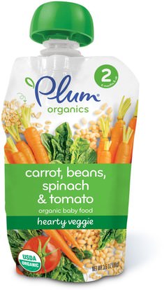 Plum Organics, Organic Baby Food, Stage 2, Hearty Veggie, Carrot, Beans, Spinach & Tomato, 3.5 oz (99 g) ,صحة الطفل، تغذية الطفل، الغذاء، أطفال الأطعمة