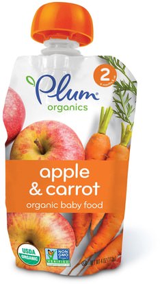 Plum Organics, Organic Baby Food, Stage 2, Apple & Carrot, 4 oz (113 g) ,صحة الطفل، تغذية الطفل، الغذاء، أطفال الأطعمة
