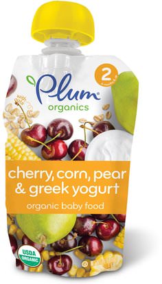 Plum Organics, Organic Baby Food, Stage 2, Cherry, Sweet Corn & Greek Yogurt, 3.5 oz (99 g) ,صحة الطفل، تغذية الطفل، الغذاء، أطفال الأطعمة
