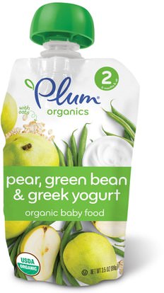 Plum Organics, Organic Baby Food, Stage 2, Pear, Green Bean & Greek Yogurt, 3.5 oz (99 g) ,صحة الطفل، تغذية الطفل، الغذاء، أطفال الأطعمة