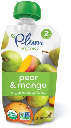 Plum Organics, Organic Baby Food, Stage 2, Pear & Mango, 4 oz (113 g) ,صحة الطفل، تغذية الطفل، الغذاء، أطفال الأطعمة