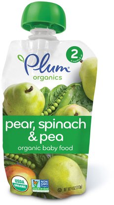 Plum Organics, Organic Baby Food, Stage 2, Pear, Spinach & Pea, 4 oz (113 g) ,صحة الطفل، تغذية الطفل، الغذاء، أطفال الأطعمة