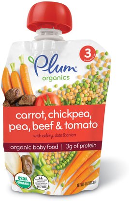 Plum Organics, Organic Baby Food, Stage 3, Carrot, Chickpea, Pea, Beef & Tomato, 4 oz (113 g) ,صحة الطفل، تغذية الطفل، الغذاء، أطفال الأطعمة