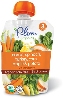 Plum Organics, Organic Baby Food, Stage 3, Carrot, Spinach, Turkey, Corn, Apple & Potato, 4 oz (113 g) ,صحة الطفل، تغذية الطفل، الغذاء، أطفال الأطعمة