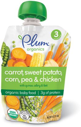 Plum Organics, Organic Baby Food, Stage 3, Carrot, Sweet Potato, Corn, Pea & Chicken, 4 oz (113 g) ,صحة الطفل، تغذية الطفل، الغذاء، أطفال الأطعمة