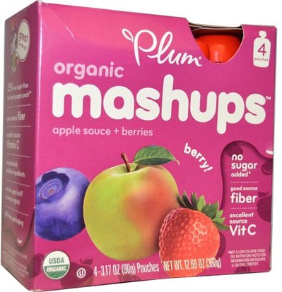 Plum Organics, Organic Mashups, Apple Sauce + Berries, Berry, 4 Pouches, 3.17 oz (90 g) Each ,صحة الطفل، تغذية الطفل، الغذاء، أطفال الأطعمة