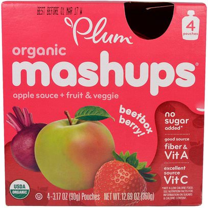 Plum Organics, Organic Mashups, Apple Sauce + Fruit & Veggie, Beetbox Berry, 4 Pouches, 3.17 oz (90 g) Each ,صحة الأطفال، والأغذية للأطفال