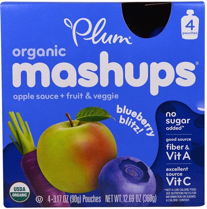 Plum Organics, Organic Mashups, Apple Sauce + Fruit & Veggie, Blueberry Blitz, 4 Pouches, 3.17 oz (90 g) Each ,صحة الأطفال، والأغذية للأطفال