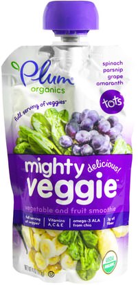 Plum Organics, Tots, Organic Mighty Veggie, Spinach, Parsnip, Grape, Amaranth, 4 oz (113 g) ,صحة الطفل، تغذية الطفل، الغذاء، أطفال الأطعمة