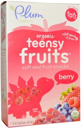 Plum Organics, Tots, Organic Teensy Fruits, Berry, 12+ Months, 5 Packs.35 oz (10 g) Each ,صحة الطفل، تغذية الطفل، وجبات خفيفة الطفل والأصبع الأطعمة، لدغات الفاكهة