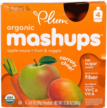 Plum Organics, Organic Mashups, Apple Sauce + Fruit & Veggie, Carroty Chop, 4 Pouches, 3.17 oz (90 g) Each ,صحة الطفل، تغذية الطفل، الغذاء، أطفال الأطعمة