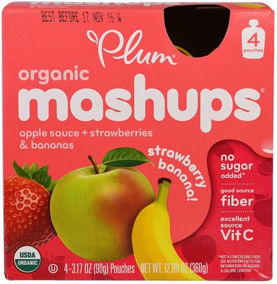 Plum Organics, Plum, Organic Mashups, Apple Sauce + Strawberries & Bananas, Strawberry Banana, 4 Pouches, 3.17 oz (90 g) Each ,صحة الطفل، تغذية الطفل، الغذاء، أطفال الأطعمة