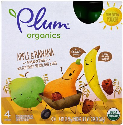 Plum Organics, Smoothie, Apple & Banana, Butternut Squash, Date & Oats, 4 Pack-3.17 oz (90 g) Each ,صحة الطفل، تغذية الطفل، الغذاء
