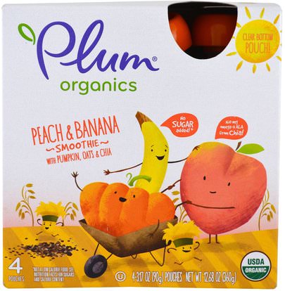 Plum Organics, Smoothie, Peach & Banana, Pumpkin, Oats & Chia, 4 Pack-3.17 oz (90 g) Each ,صحة الطفل، تغذية الطفل، الغذاء