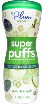 Plum Organics, Super Puffs, Organic Veggie, Fruit & Grain Puffs, Spinach & Apple, 1.5 oz (42 g) ,صحة الطفل، تغذية الطفل، وجبات خفيفة الطفل والأصبع الأطعمة، نفث