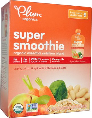 Plum Organics, Super Smoothie, Apple, Carrot & Spinach with Beans & Oats, 4 Pouches, 4 oz (113 g) Each ,صحة الطفل، تغذية الطفل، الغذاء، أطفال الأطعمة