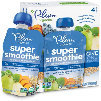 Plum Organics, Super Smoothie, Pear, Sweet Potato, Spinach, Blueberry with Bean & Oat, 4 Pouches, 4 oz (113 g) Each ,صحة الطفل، تغذية الطفل، الغذاء، أطفال الأطعمة