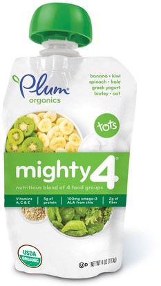 Plum Organics, Tots, Mighty 4, Nutritious Blend of 4 Food Groups, Spinach, Kiwi, Barley, Greek Yogurt, 4 oz (113 g) ,صحة الطفل، تغذية الطفل، الغذاء، أطفال الأطعمة