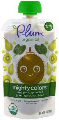 Plum Organics, Tots, Mighty Colors, Green, Kiwi, Pear, Spinach & Green Garbanzo Bean, 3.5 oz (99 g) ,صحة الطفل، تغذية الطفل، الغذاء