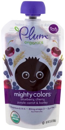 Plum Organics, Tots, Mighty Colors, Purple, Blueberry, Cherry, Purple Carrot & Barley, 3.5 oz (99 g) ,صحة الطفل، تغذية الطفل، الغذاء