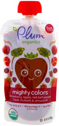 Plum Organics, Tots, Mighty Colors, Red, Strawberry, Apple, Red Bell Pepper, Beet, Rhubarb & Amaranth, 3.5 oz (99 g) ,صحة الطفل، تغذية الطفل، الغذاء