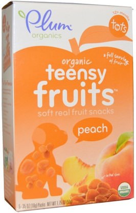 Plum Organics, Tots, Organic Teensy Fruits, Peach, 12+ Months, 5 Packs.35 oz (10 g) Each ,صحة الطفل، تغذية الطفل، وجبات خفيفة الطفل والأصبع الأطعمة، لدغات الفاكهة