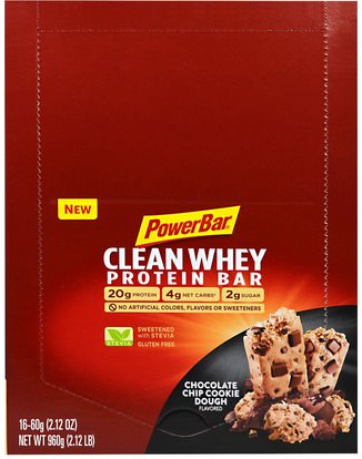 PowerBar, Clean Whey Protein Bar, Chocolate Chip Cookie Dough, 16 Bars, 2.12 oz (60 g) Each ,المكملات الغذائية، البروتين، بروتين الرياضة، الرياضة، بروتين أشرطة
