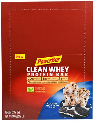 PowerBar, Clean Whey Protein Bar, Cookies and Cream Flavored, 16 Bars, 2.12 oz (60 g) ,المكملات الغذائية، البروتين، بروتين الرياضة، الرياضة، بروتين أشرطة