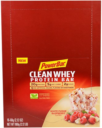 PowerBar, Clean Whey Protein Bar, White Fudge Raspberry Flavored, 16 Bars, 2.12 oz (60 g) Each ,المكملات الغذائية، البروتين، بروتين الرياضة، الرياضة، بروتين أشرطة