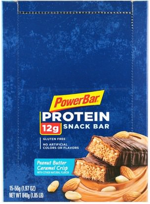 PowerBar, Protein Snack Bar, Peanut Butter Caramel Crisp, 15 Bars, 1.97 oz (56 g) Each ,المكملات الغذائية، البروتين، بروتين الرياضة، الرياضة