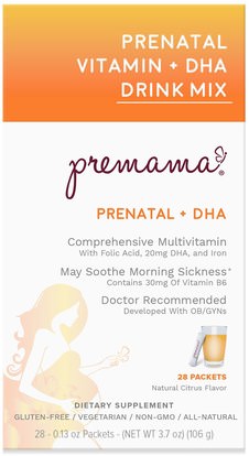 Premama, Prenatal Vitamin Drink Mix, Essentials + DHA, Natural Citrus Flavor, 28 Packets, 3.74 oz (106 g) ,الفيتامينات، الفيتامينات قبل الولادة