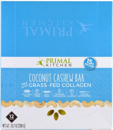 Primal Kitchen, Coconut Cashew, Grass-Fed Collagen, 12 Bars, 1.7 oz (49 g) Each ,الصحة، العظام، هشاشة العظام، الكولاجين